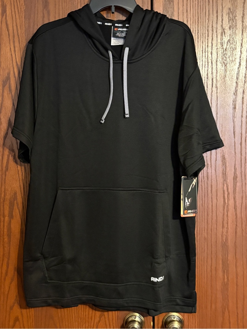 And1 Black Short-Sleeve Pullover Hoodie with Contrast Drawcord
